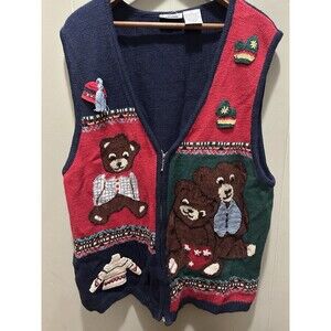 VTG Capacity Derpy Teddy Bears Winter Sweater Vest Women’s Sz 2XL Full Zip Knit